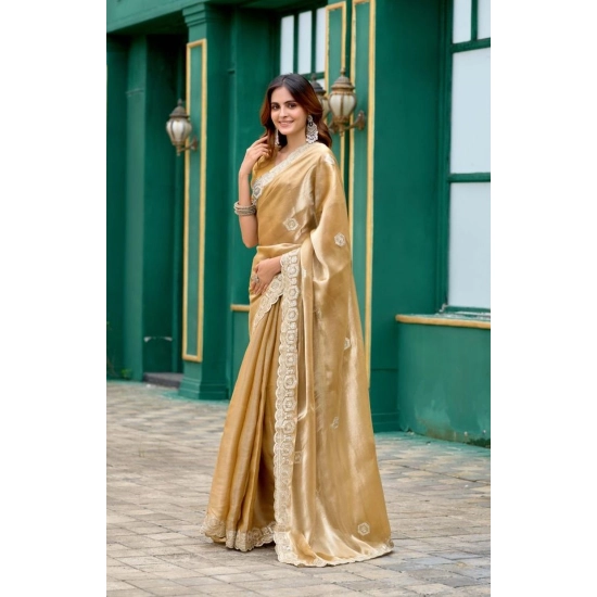 Generic Women's Faux Shimmer Geometric Ready to wear Saree With Unstitched Blouse 5.5Mtr (Beige) Generic Women's Faux Shimmer Geometric Ready to wear Saree With Unstitched Blouse 5.5Mtr (Beige)