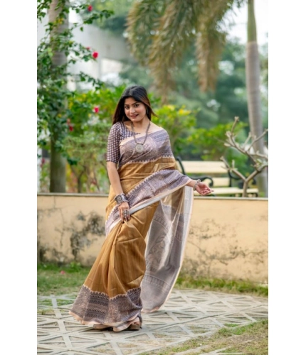 Generic Women's Faux_Tussar Geometric_Print Saree With Unstitched Blouse 5.5Mtr (Mustard)