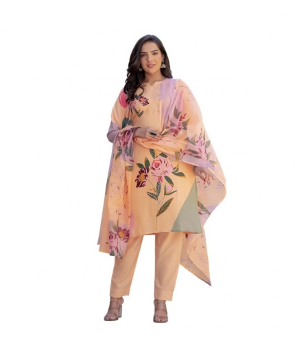 Generic Women's Cotton Blend Printed Kurti With Pant Dupatta Set (Orange)