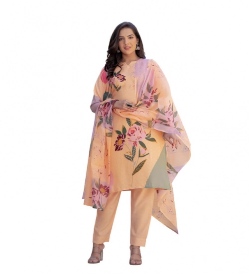 Generic Women's Cotton Blend Printed Kurti With Pant Dupatta Set (Orange)