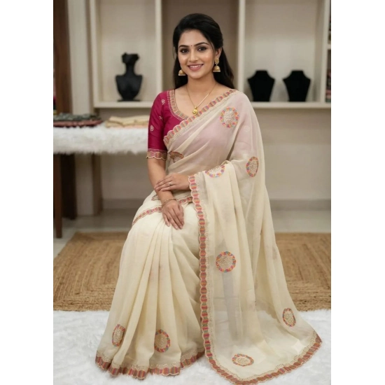 Generic Women's Star Georgette Embroidered Saree With Unstitched Blouse 5.5Mtr (Cream)
