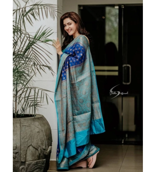 Generic Women's Litchi silk Printed Saree With Unstitched Blouse (Navy Blue)