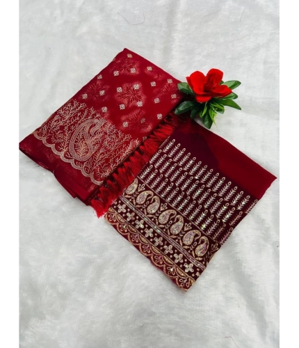 Generic Women's Embroidered Georgette Saree With Unstitched Blouse (Red, 5-6 Mtrs)