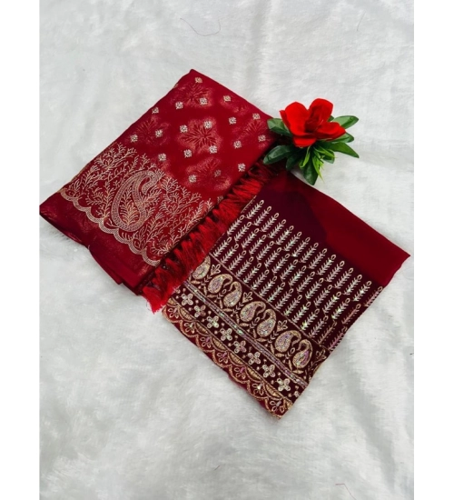 Generic Women's Embroidered Georgette Saree With Unstitched Blouse (Red, 5-6 Mtrs)