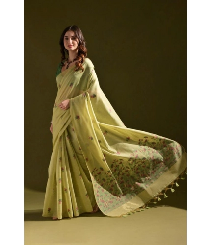 Generic Women's Blended_Cotton Floral Saree With Unstitched Blouse 5.5Mtr (Light_Green)