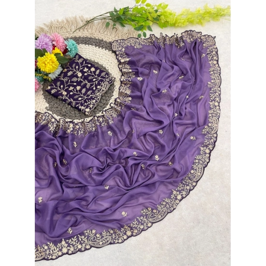 Generic Women's Star Georgette Embroidered Saree With Unstitched Blouse 5.5Mtr (Purple)