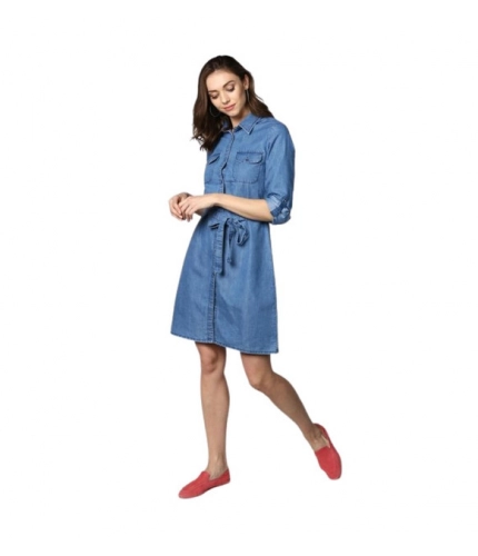 Generic Women's Denim Solid Roll Up Sleeve Dress (Blue)