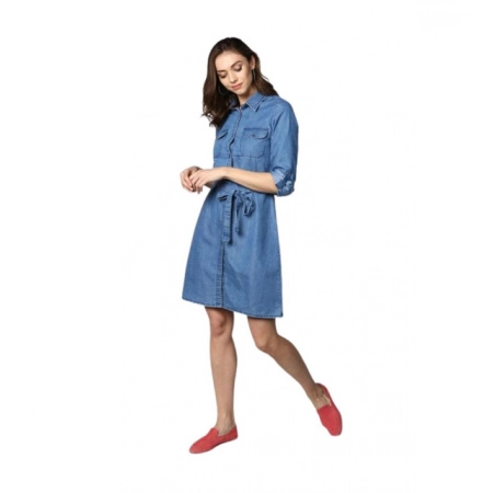Generic Women's Denim Solid Roll Up Sleeve Dress (Blue)
