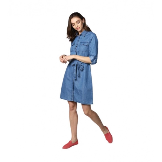 Generic Women's Denim Solid Roll Up Sleeve Dress (Blue)