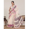 Generic Women's Linen Floral Printed Saree With Unstitched Blouse 5.5Mtr (Cream)