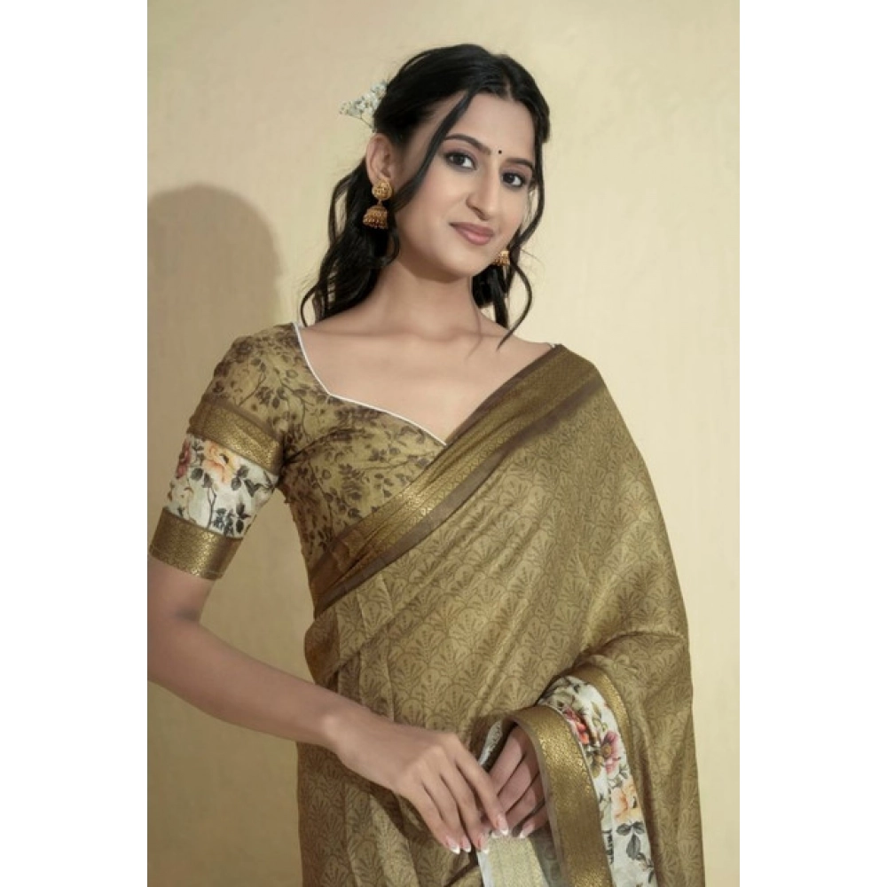 Women's Polyester Printed Saree With Unstitched Blouse 5.5 Mtr (Gold)