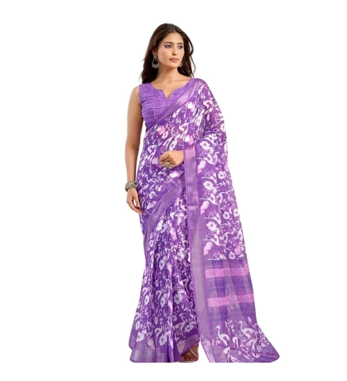 Generic Women's Linen Cotton Printed Ready To Wear Saree With Unstitched Blouse 5.5 Mtr (Purple)
