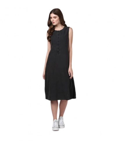 Generic Women's Denim Solid Sleeveless Dress (Black)