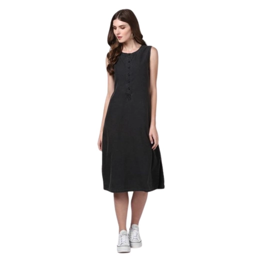 Generic Women's Denim Solid Sleeveless Dress (Black) Generic Women's Denim Solid Sleeveless Dress (Black)