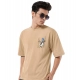 Generic Men's Cotton Blend Printed Oversized Round Neck Half Sleeve T-Shirt (Beige)