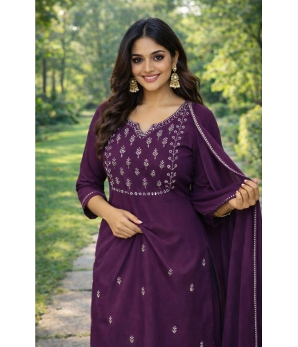 Generic Women's Georgette Ethnic Motif Round 3/4th Sleeve Kurti With Pant Dupatta Set (Magenta)