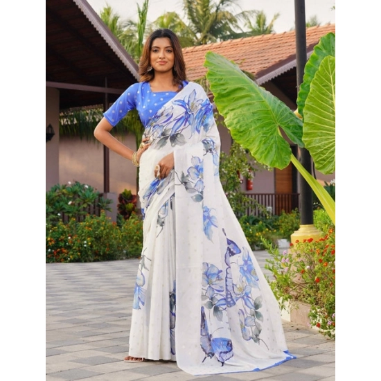 Generic Women's Georgette Floral & Butterfly Printed Saree With Unstitched Blouse 5.5Mtr (Off White-Blue) Generic Women's Georgette Floral & Butterfly Printed Saree With Unstitched Blouse 5.5Mtr (Off White-Blue)