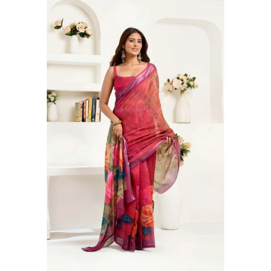 Generic Women's Faux Linen Floral Print Ready to wear Saree With Unstitched Blouse 5.5Mtr (Pink) Generic Women's Faux Linen Floral Print Ready to wear Saree With Unstitched Blouse 5.5Mtr (Pink)
