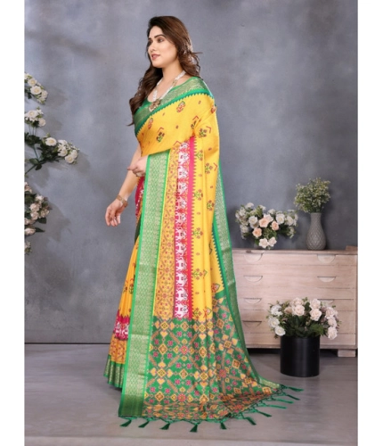 Generic Women's Cotton Silk  Printed Saree With Unstitched Blouse 5.5Mtr (Yellow)