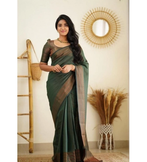 Generic Women's Litchi silk Printed Saree With Unstitched Blouse (Green)