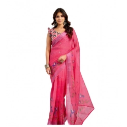 Generic Women's Linen Cotton Printed Ready To Wear Saree With Unstitched Blouse 5.5 Mtr (Pink)