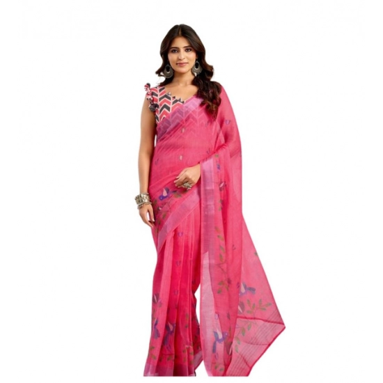 Generic Women's Linen Cotton Printed Ready To Wear Saree With Unstitched Blouse 5.5 Mtr (Pink)