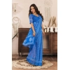 Generic Women's Faux Linen Geometric Print Ready to wear Saree With Unstitched Blouse 5.5Mtr (Blue)