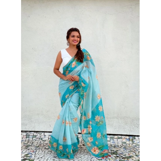 Generic Women's Linen Printed Saree With Unstitched Blouse 5.5Mtr (Aqua)