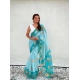 Generic Women's Linen Printed Saree With Unstitched Blouse 5.5Mtr (Aqua)