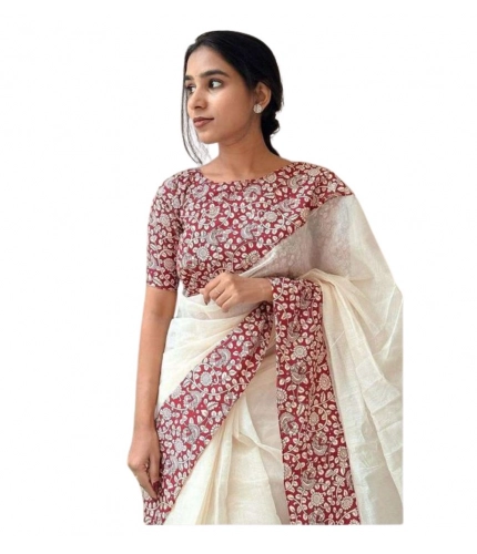 Generic Women's Linen Printed Saree With Unstitched Blouse 5.5Mtr (White)