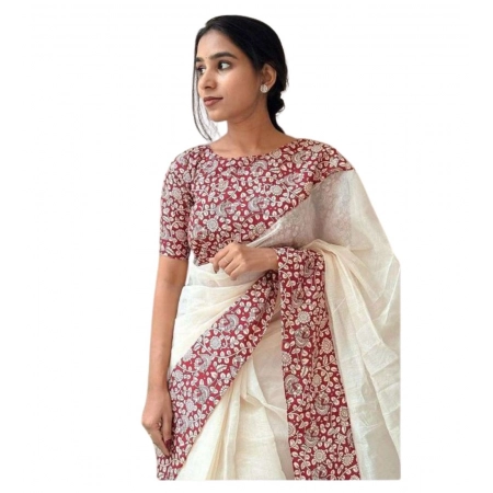 Generic Women's Linen Printed Saree With Unstitched Blouse 5.5Mtr (White)