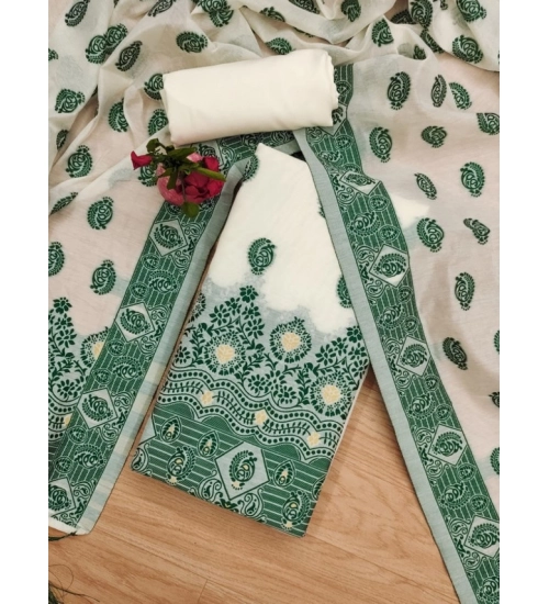 Generic Women's Banarasi Silk Printed Unstitched Salwar Suit Material With Dupatta (Bottle Green, 3Mtrs)