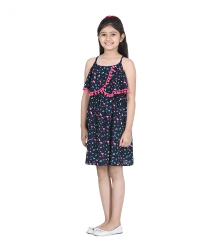 Generic Girl's Rayon Flamingo Print Sleeveless Dress (Black)