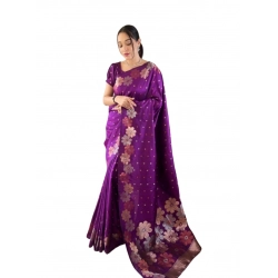 Generic Women's Soft Litchi Silk Jacquard Work Saree With Unstitched Blouse 5.5Mtr (Purple)