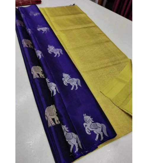 Generic Women's Litchi silk Printed Saree With Unstitched Blouse (Navy Blue With Yellow)