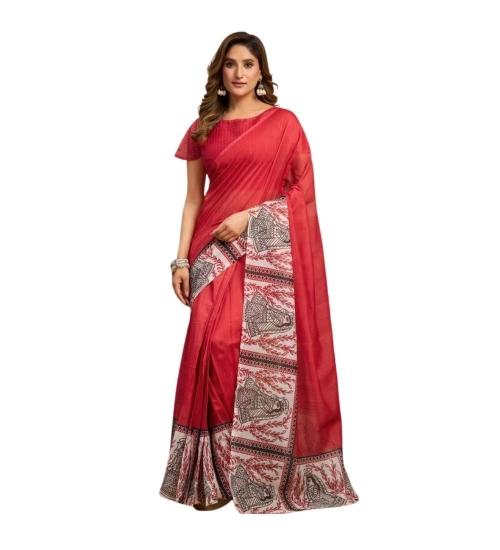 Generic Women's Linen Cotton Printed Ready To Wear Saree With Unstitched Blouse 5.5 Mtr (Red)