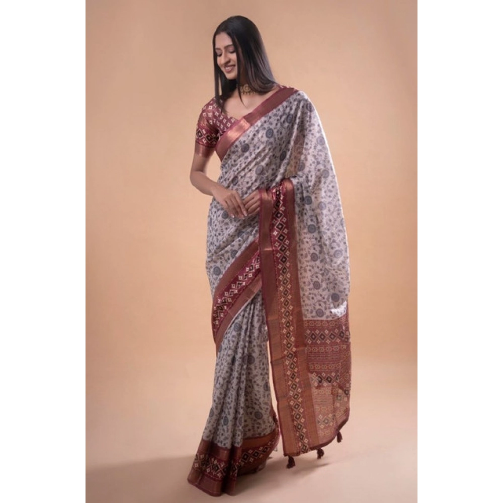 Women's Polyester Printed Saree With Unstitched Blouse 5.5 Mtr (Off-White)