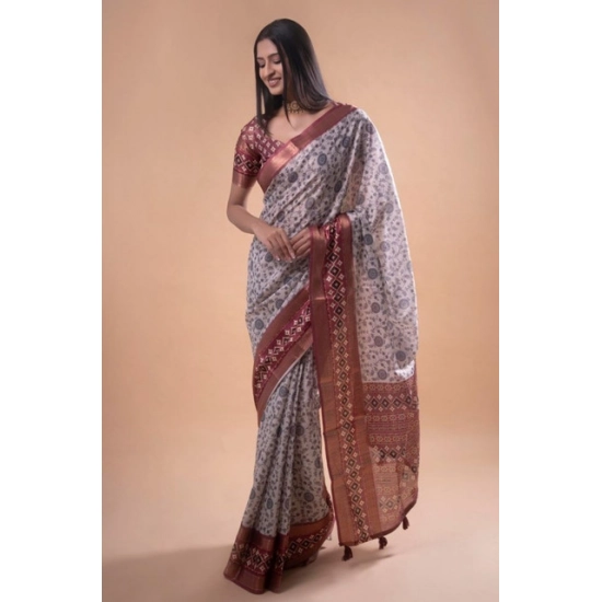 Generic Women's Polyester Printed Saree With Unstitched Blouse 5.5 Mtr (Off-White)