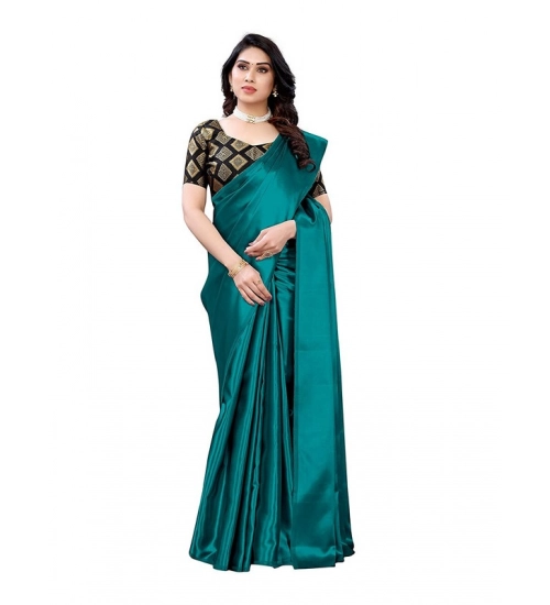 Generic Women's Satin Printed Saree With Unstitched Blouse 5.5Mtr (Teal)