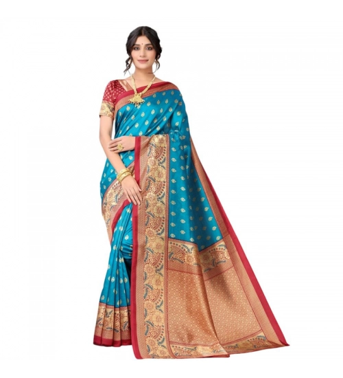 Generic Women's Litchi silk Printed Saree With Unstitched Blouse  5-6 Mtrs (Blue)