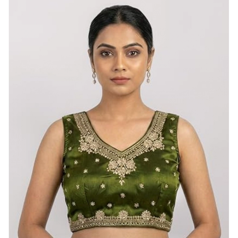 Generic Women's Silk Embroidered V-Neck Sleeveless Readymade Padded Blouse (Mahendi, Size 38)