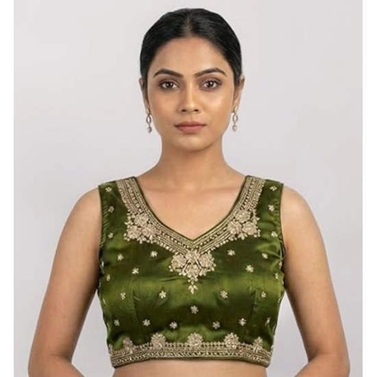 Generic Women's Silk Embroidered V-Neck Sleeveless Readymade Padded Blouse (Mahendi, Size 38)
