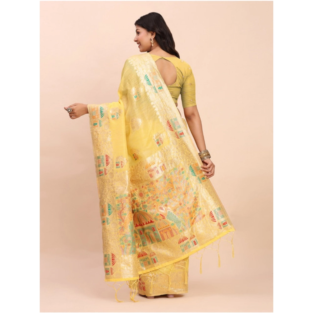 Generic Women's Linen Cotton Printed Saree With Unstitched Blouse 5.5Mtr (Yellow)