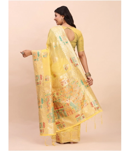 Generic Women's Linen Cotton Printed Saree With Unstitched Blouse 5.5Mtr (Yellow)