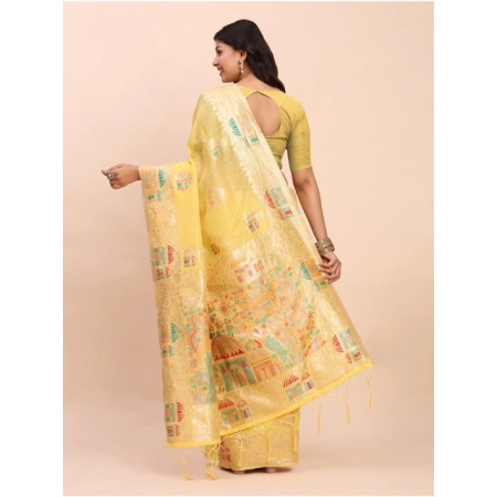 Generic Women's Linen Cotton Printed Saree With Unstitched Blouse 5.5Mtr (Yellow)
