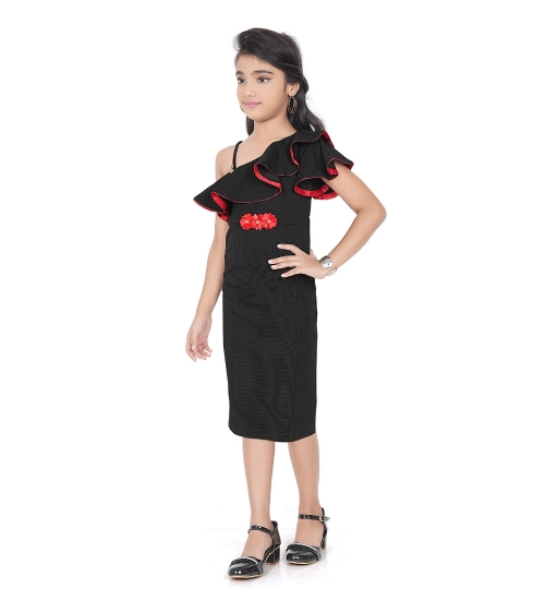 Generic Girl's Knitted Soild Sleeve Less Off Shoulder Dress (Black)