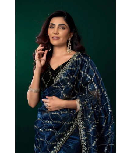 Generic Women's Net Sequence Saree With Unstitched Blouse 5.5Mtr (Blue)