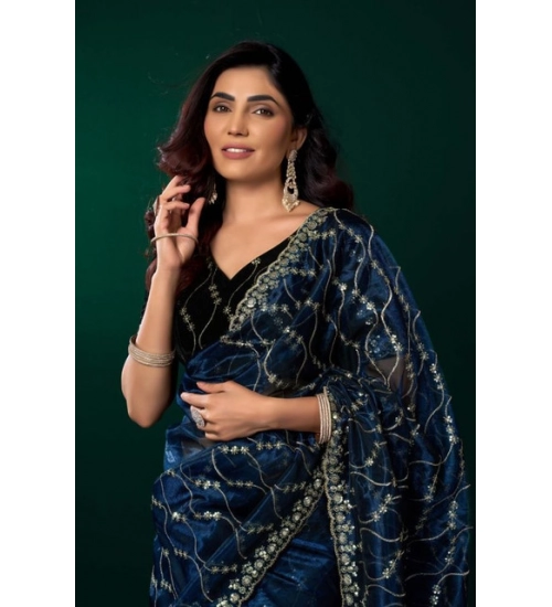 Generic Women's Net Sequence Saree With Unstitched Blouse 5.5Mtr (Blue)