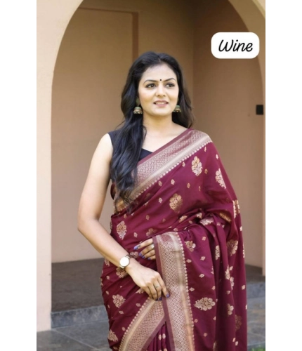 Generic Women's Soft Lichi Silk Printed Saree With Unstitched Blouse 5.5Mtr (Wine)