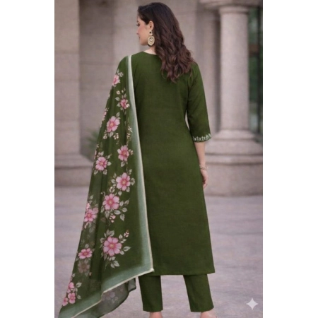 Generic Women's Chanderi Silk Ethnic Motif V-Neck 3/4th Sleeve Kurti With Pant Dupatta Set (Mahendi) Generic Women's Chanderi Silk Ethnic Motif V-Neck 3/4th Sleeve Kurti With Pant Dupatta Set (Mahendi)